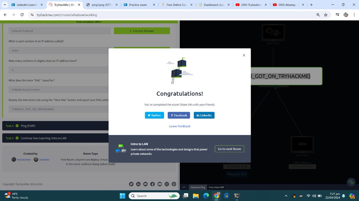 🔒 Recently completed 'What is Networking?' room on TryHackMe covering essential topics such as Networking Internet fundamentals Device Identification Ping (ICMP) and Intro to LAN Ready to apply newfound knowledge in real-world scenarios #Networking #CyberSecurity #LearnWithMe 🚀