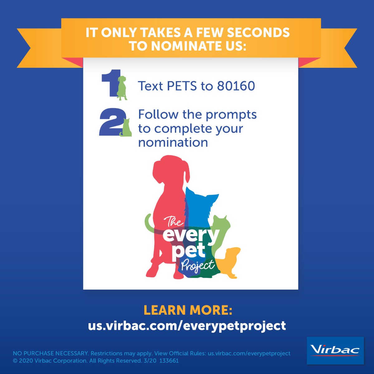 A few seconds of your time could help us win a donation from #EveryPetProject ! Please nominate us today, and tomorrow, and the next day! The more nominations we have, the better our chances of receiving one of the $2,500 donations!
us.virbac.com/everypetproject