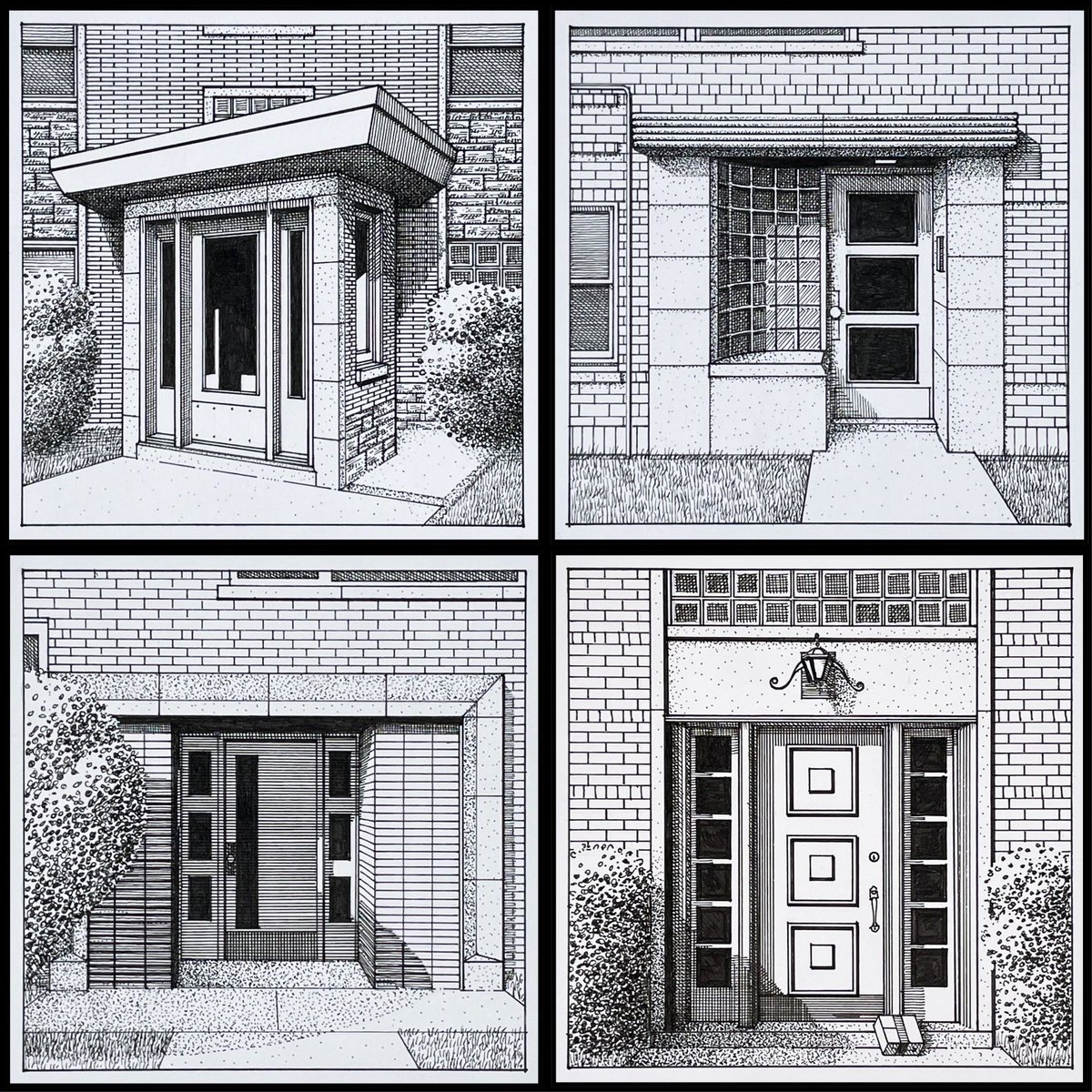 Some of Chicago’s mid-century apartment building entrances (1946 thru 1955). Waterproof ink on marker paper.