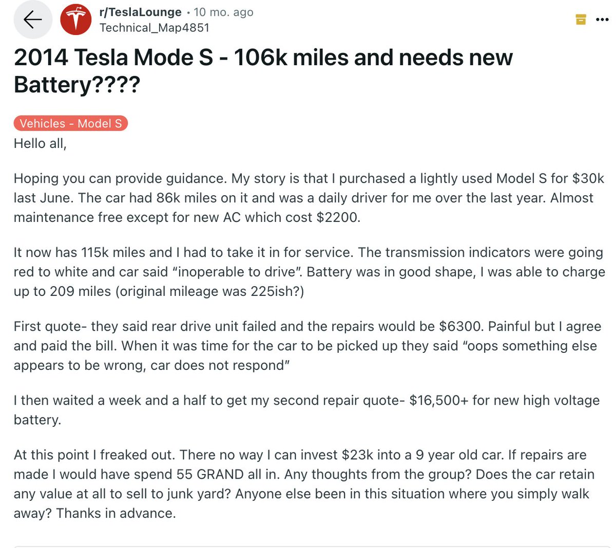 how is this true when every single post about a 10-year-old Tesla is like this reddit.com/r/TeslaLounge/…