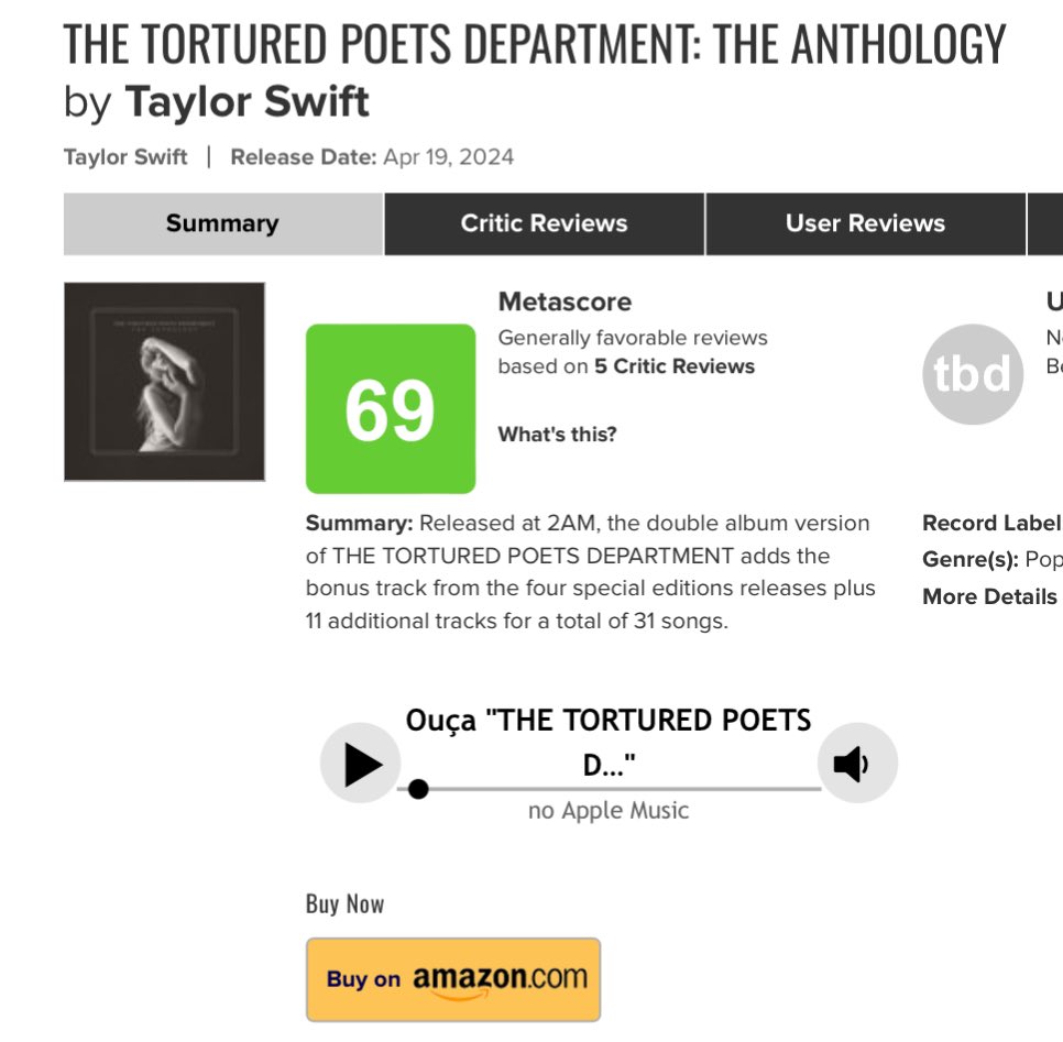 “The Tortured Poets Department: The Anthology” ganha página separada no Metacritic e atualmente tem nota 69 baseada em 5 críticas. Sputinik, por exemplo, fez outra crítica com nota 10 de 100 e disparou sobre o álbum de Taylor Swift: “Talvez, então, eu seja o poeta torturado,