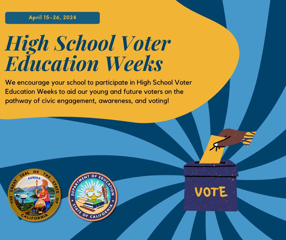 It's High School Voter Education Week(s)! High school educators - how are you encouraging your students to engage civically? By working together, we can increase youth voter registration and voter turnout! #HSVoterEducationWeeks ✅📮 Learn more: cde.ca.gov/nr/el/le/yr24l…