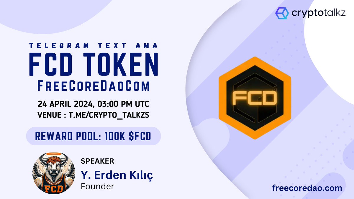 🎙️ Get ready for next #XSpacesAMA featuring FreeCoreDaoCom, on April 24th at 3 PM UTC. Rewards: 100K $FCD FreeCoreDaoCom is a project that aims to use the income obtained from the website, application and coin projects (owns and plans to own in the future) in the valuation of…