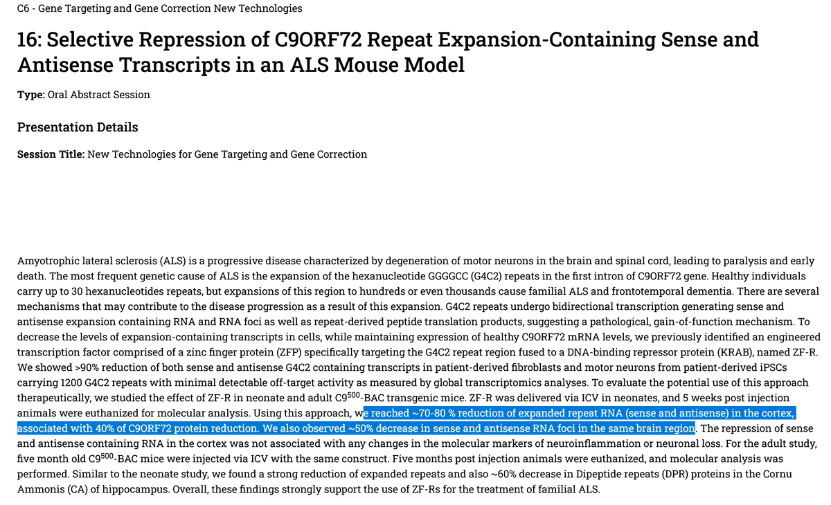 $SGMO + $AZN ALS Program @ #ASGCT24 
Selective Repression of #C9ORF72 Repeat Expansion-Containing Sense and Antisense Transcripts in an #ALS