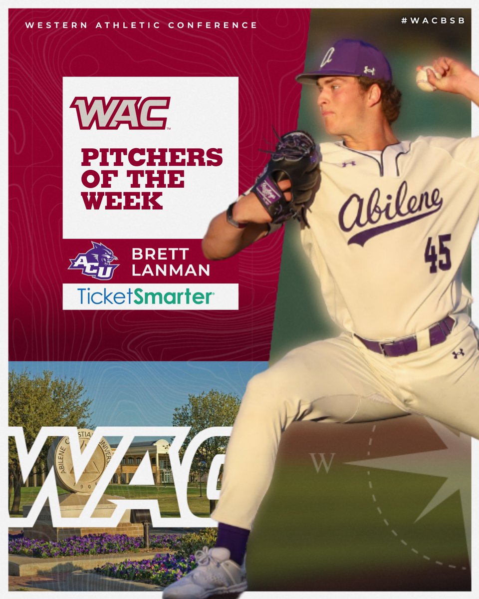 ⚾️ #WACbsb PITCHERS OF THE WEEK
presented by @TicketSmarter
@BrettLanman | @ACU_Baseball 

✅ 7.1 IP
✅ 2 hits allowed
✅ 5 Ks
🗞️ tinyurl.com/vs8z3fb6
#OneWAC