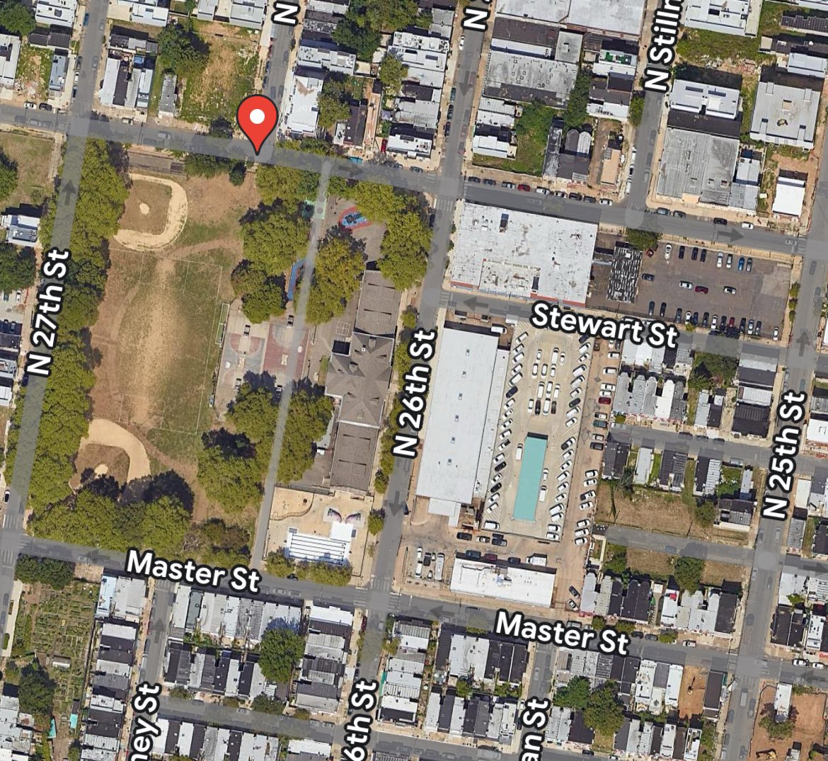 The first game in @MLB history took place on April 22, 1876 at 25th and Jefferson near what is now Sharswood. Boston beat Philly, 6-5. 7 years later, the diamond was moved to the opposite side of the large field (below). And that’s still a diamond today! (Top left, satellite)