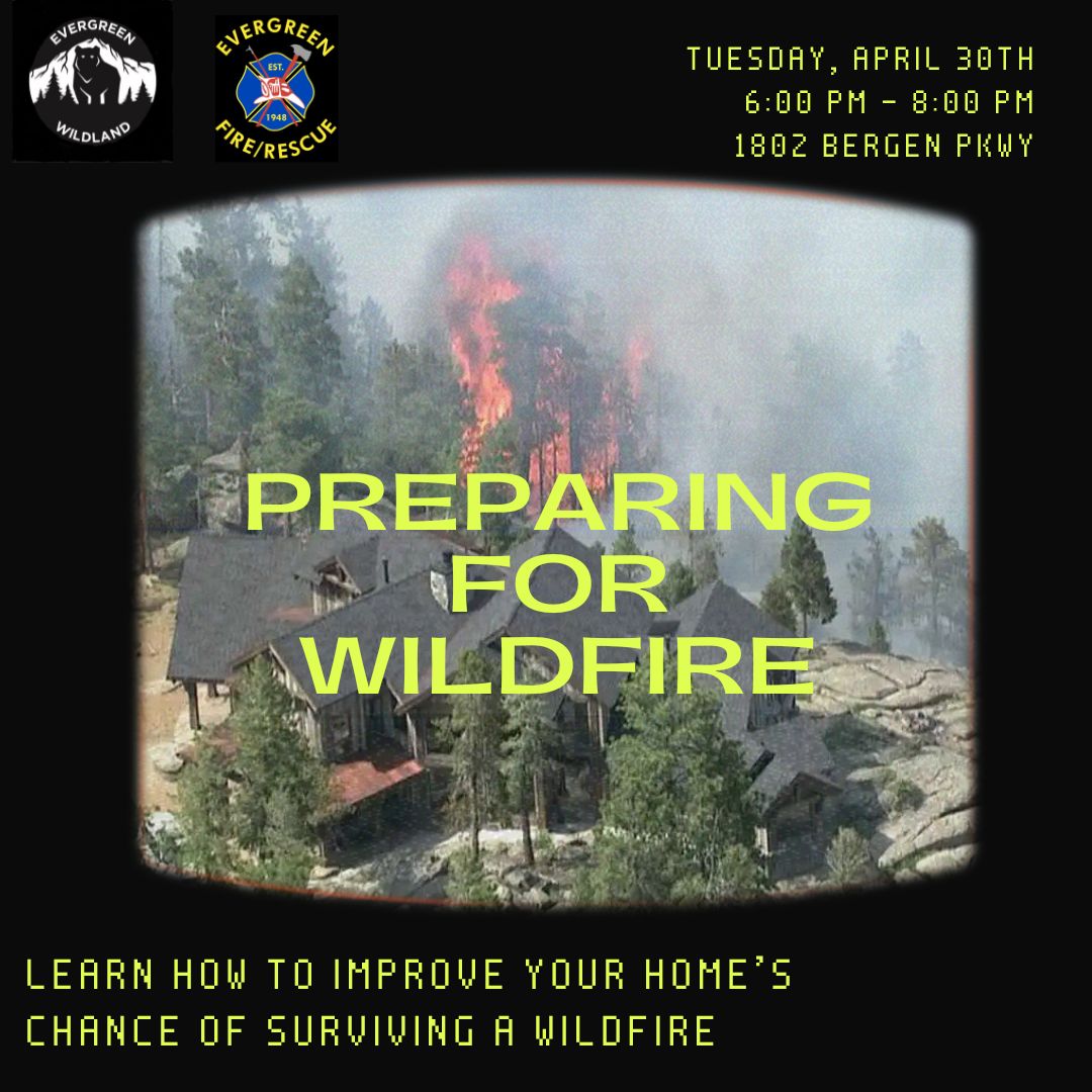 Join us TONIGHT for the "Preparing for Wildfire" Seminar from 6-8 p.m. at the EFR Administration building (1802 Bergen Pkwy). It's a free way to learn more tips on improving your home's chances of surviving a #wildfire.