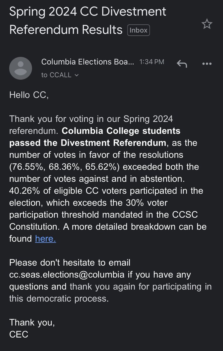 BREAKING: Historic decision at Columbia University!

With overwhelming support, students voted for divestment from Israel. 

🇵🇸🇵🇸🇵🇸🇵🇸🇵🇸🇵🇸🇵🇸🇵🇸