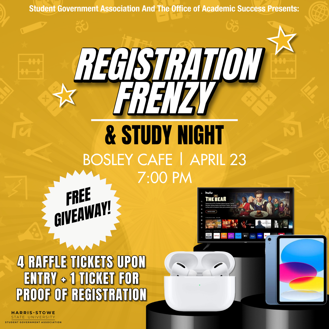 Registration Frenzy happens tomorrow in Bosley Cafe at 7 p.m. Join us for a chance to win raffle giveaways and have a fun study night!