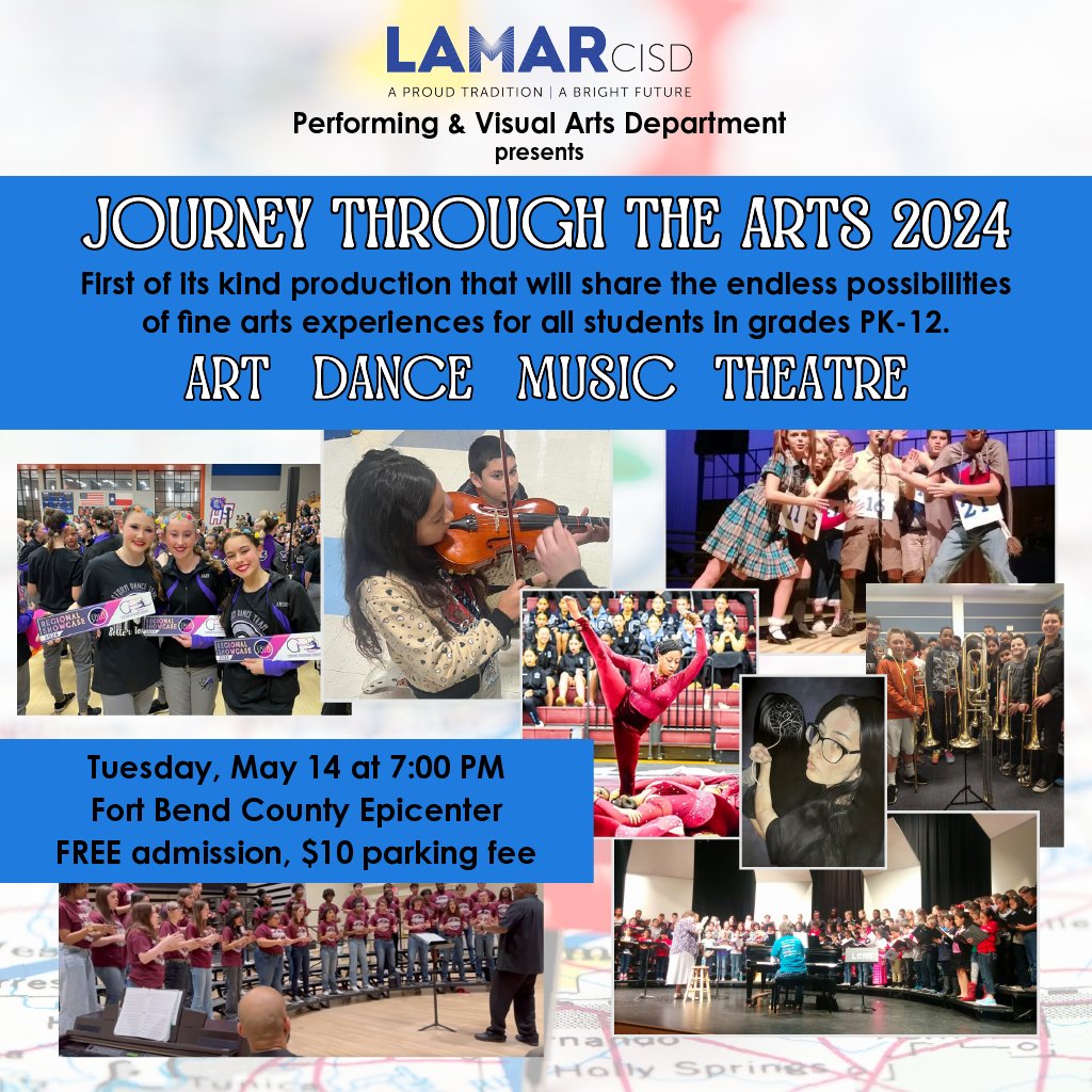 Come Journey Through the Arts! 🎨 Join the @LamarConsPVA Dept. for a first of its kind production on 5/14 at 7 PM at the Fort Bend County Epicenter. The event will feature powerful student work and performances in art, dance, music, and theatre. 🔗 bit.ly/JourneyThrough…