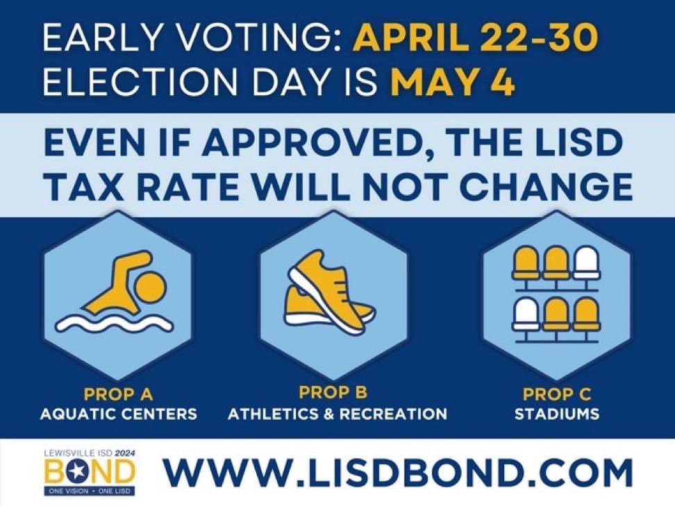 EARLY VOTING STARTS TODAY! Please vote 'YES' to the @LewisvilleISD bond! THE LISD TAX RATE WILL NOT CHANGE IF IT IS APPROVED. LISD sports facilities are in desperate need of repairs and updates. PLEASE WATCH THE VIDEO: youtu.be/7lpTbzVl0fQ
