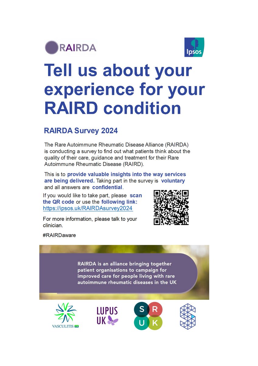 Do you live with vasculitis, lupus, scleroderma or Sjögren's syndrome and are a UK resident? Please participate in the survey : ipsos.uk/RAIRDAsurvey20…  

#vasculitis @vascuk @VasculitisIA #rarerheumaticdiseases #raredisease @Jane_L_Edwards