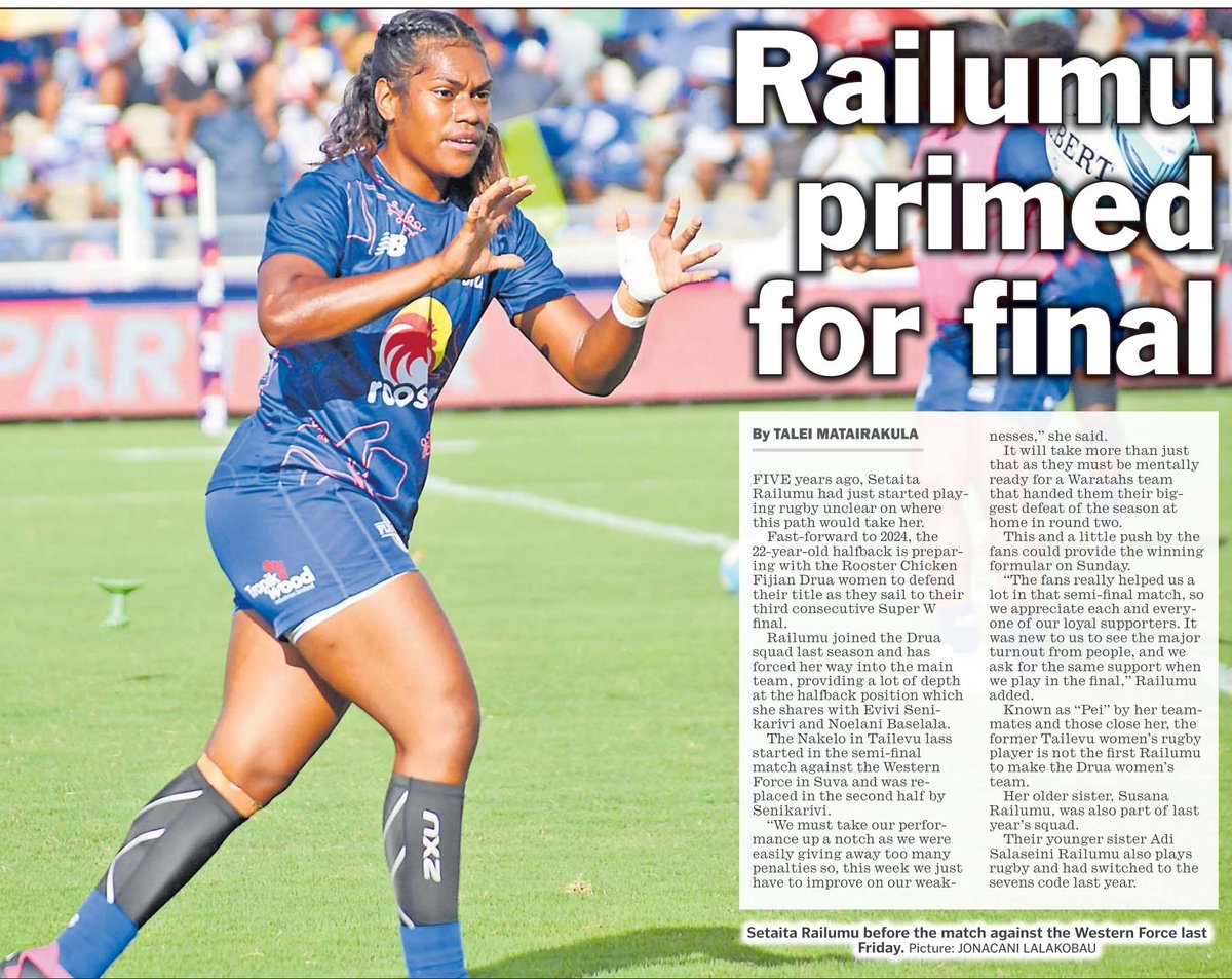 The @Fijian_Drua women's team face @NSWWaratahs women in the Grand Final at 4pm on Sunday at Ballymore Stadium in Brisbane. #TosoDrua. #SupportWomen #WomenInSports