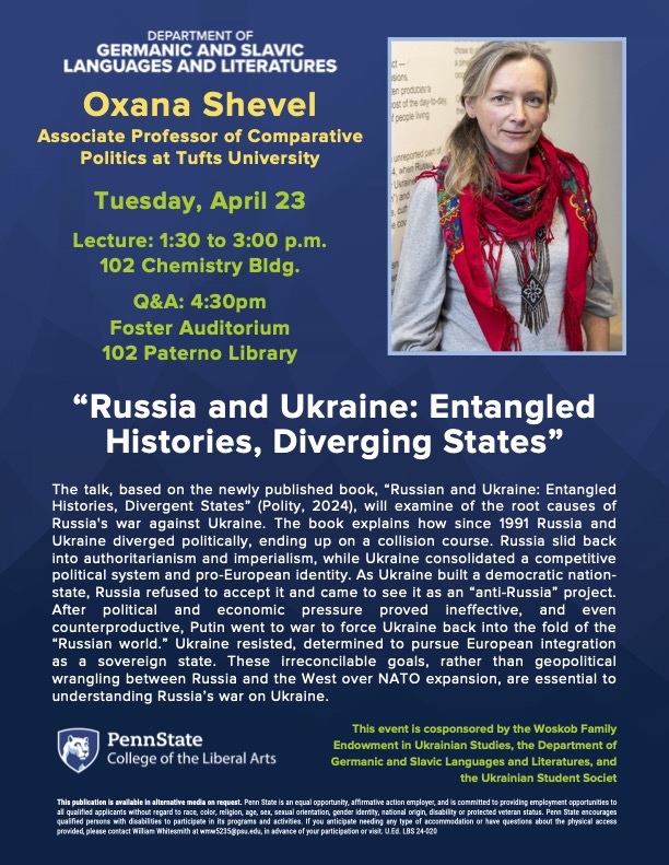 Close out the semester by taking a deep dive on the history of the conflict between Russia and Ukraine with @OxanaShevel, a leading scholar on this region and author of t he new book 'Russia and Ukraine: Entnagled Histories, Divergent States.'