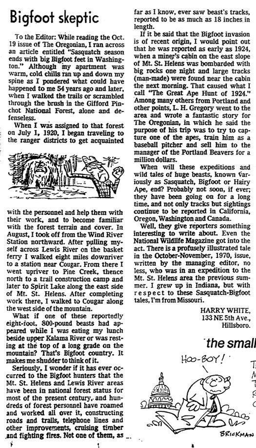Bigfoot also had plenty of skeptics in the 1970s. A letter to the editor that appeared in The Oregonian.
