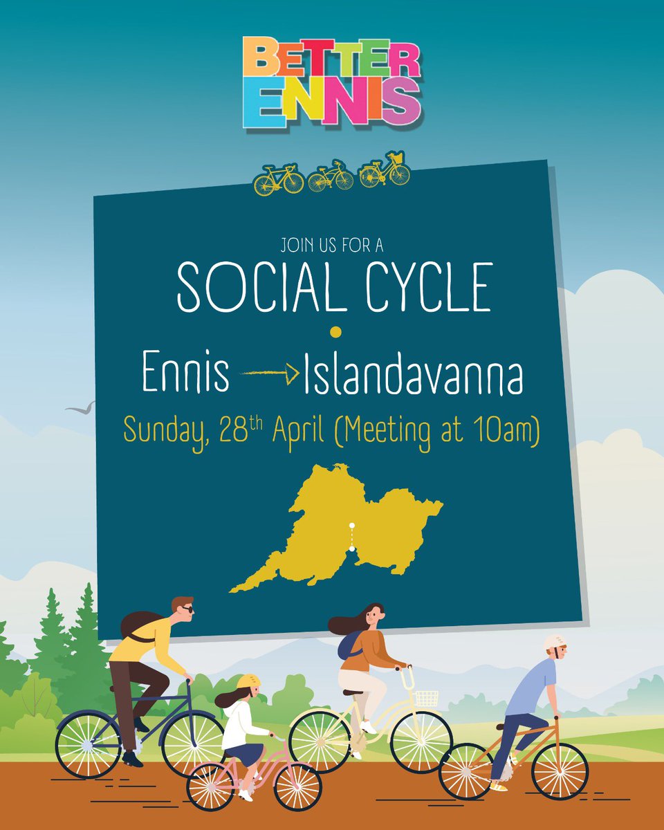 ☀️😎 Sun’s out. On your bikes❣️🚲 The Better Ennis Very Sociable Cycle 10am, Sunday, Apr 28th. Leaving from Sourdo’ Farrell’s and heading to the lost island of Islandvanna (and that is as lovely as it sounds). 💫 Everyone of all ages and abilities welcome. 🤗🚲