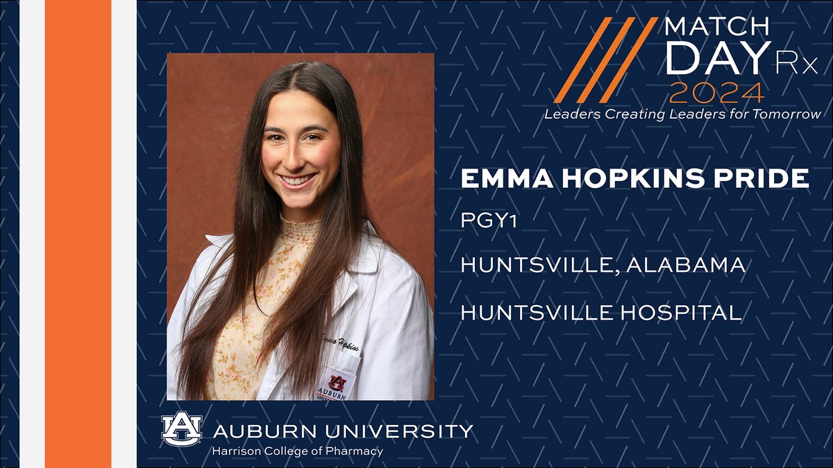 auhcop's tweet photo. Congratulations to Emma Hopkins Pride on accepting a PGY-1 residency with Huntsville Hospital in Huntsville, Alabama!

#WarEagle | #AUPharmD | #RxMatch | #CaringForAlabama https://t.co/zPePSk6p66
