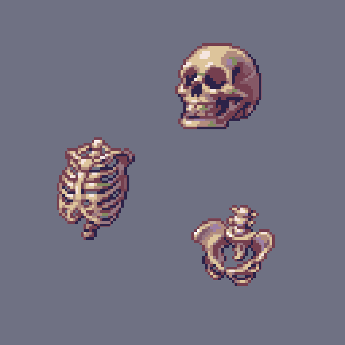 Ribcage, Skull, and Pelvis! (32x32) #pixelart  

The pelvis was a real challenge!