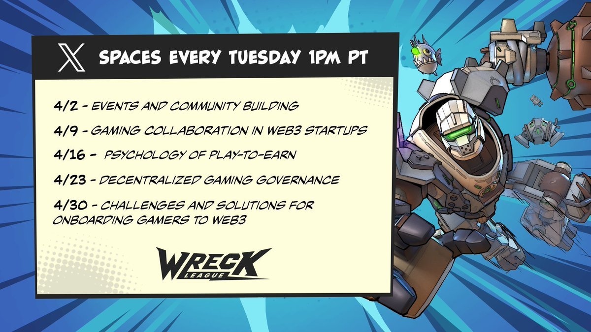 📢 Gaming DAO Governance 📢 The Wreck League Chronicles will return tomorrow at 1PM 🫡 With our hosts @JustinKruger and @Im_Baguette, let us explore this topic with our expert speakers: @CallOfTheVoYd @Play_Bloomverse @waltdisneyif @playBeastLeague @ExodusTheOracle //…