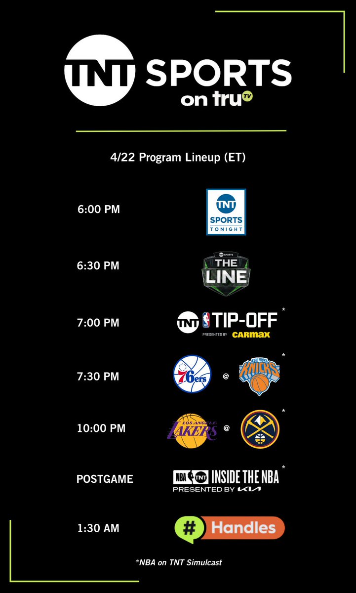 Tonight’s 'TNT Sports on truTV' program lineup will include simulcasts of @NBAonTNT’s playoff coverage! 📺 7 PM | @truTV