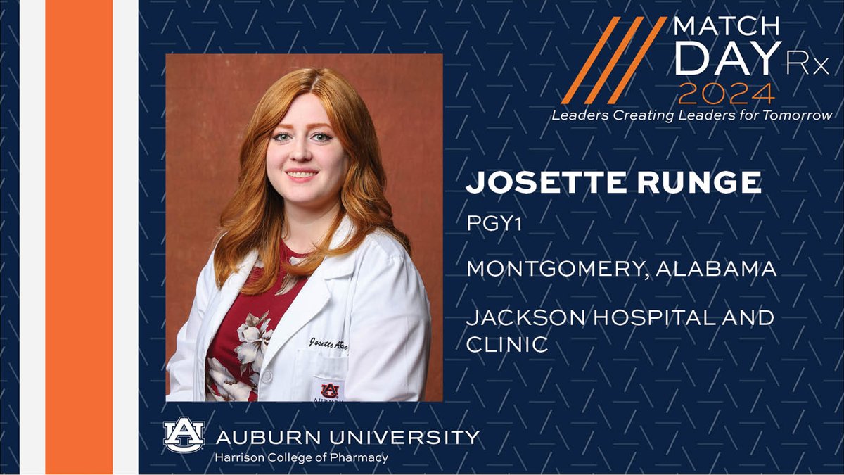 auhcop's tweet photo. Congratulations to Josette Runge on accepting a PGY-1 residency with Jackson Hospital and Clinic in Montgomery, Alabama!

#WarEagle | #AUPharmD | #RxMatch | #CaringForAlabama https://t.co/bh1g2WuKSS