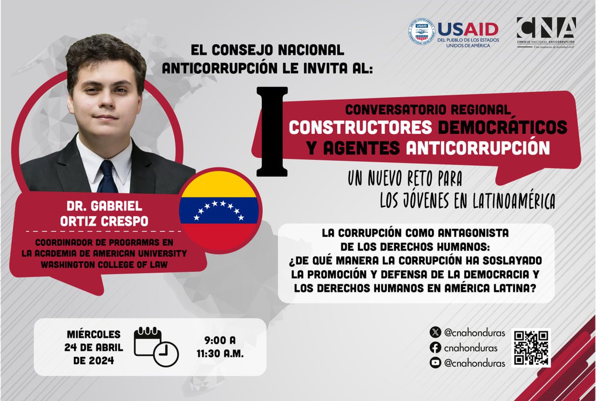 cnahonduras's tweet photo. Conoce a los ponentes del «I conversatorio regional Constructores democráticos y agentes anticorrupción: Un nuevo reto para los jóvenes en Latinoamérica». 

Los invitamos a participar este miércoles a las 9:00 a.m. inscribiéndose en el siguiente link: https://t.co/gsWMG7MFee https://t.co/iSiacNbeXC