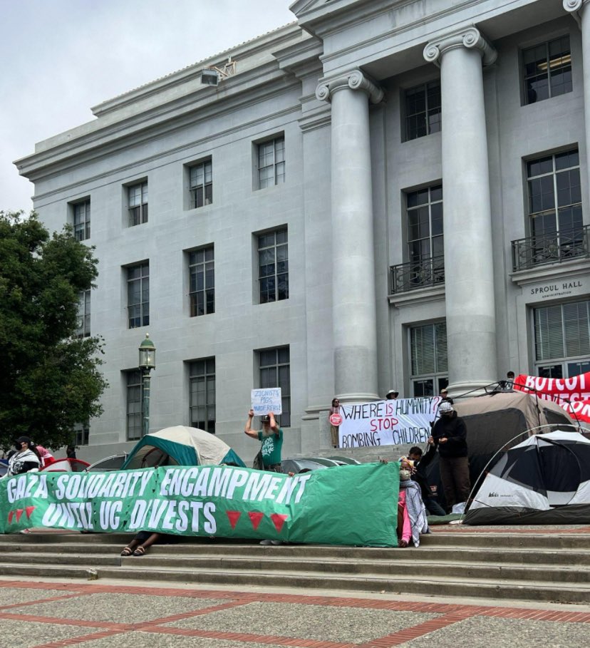 UC Berkeley SJP have set up a Gaza solidarity encampment instep with students at universities across the nation pledging to occupy until divestment. Students are asking supporters to come to Sproul Plaza at UC Berkeley and join the encampment. ‼️Spread the word 🇵🇸