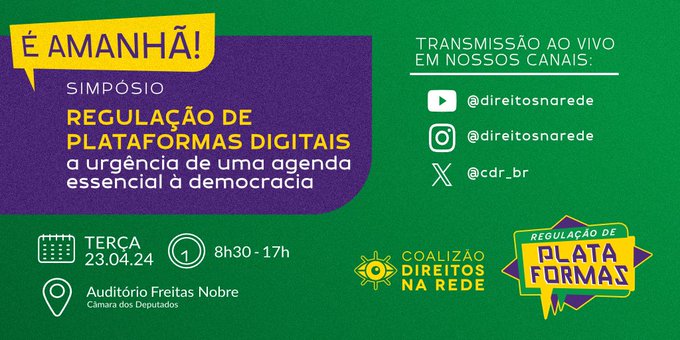 💢 Mañana 23 de abril, expondré durante el Simposio “Regulação de plataformas digitais – A urgência de uma agenda essencial à democracia”, organizado por @cdr_br 🇧🇷. @Observacom participará en la mesa “El escenario internacional de la regulación de las plataformas”. 👇