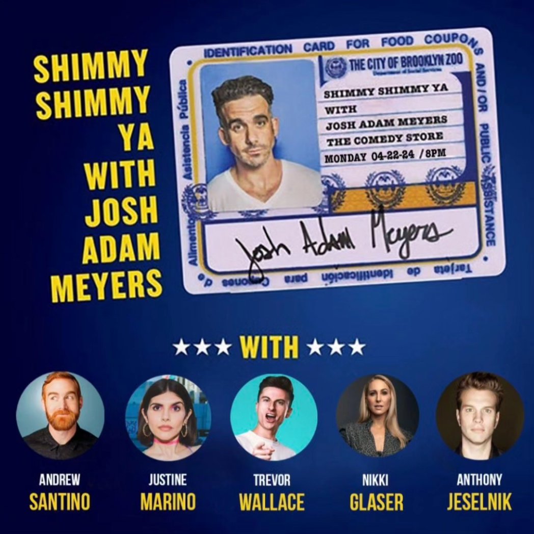*Low Ticket Warning*

Tonight at 8pm in the Main Room @ssyshow with @JoshAdamMeyers @CheetoSantino @JustineMachine #trevorwallace @NikkiGlaser #anthonyjeselnik

Tickets at showclix.com/event/ssy-apri…

#thecomedystore