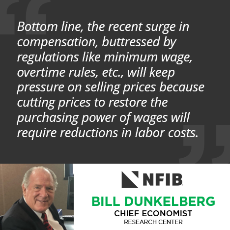 #NFIB's Bill Dunkelberg penned an op-ed in @Forbes: “Bottom line, the recent surge in compensation...will keep pressure on selling prices because cutting prices to restore the purchasing power of wages will require reductions in labor costs.” Read more: forbes.com/sites/williamd…