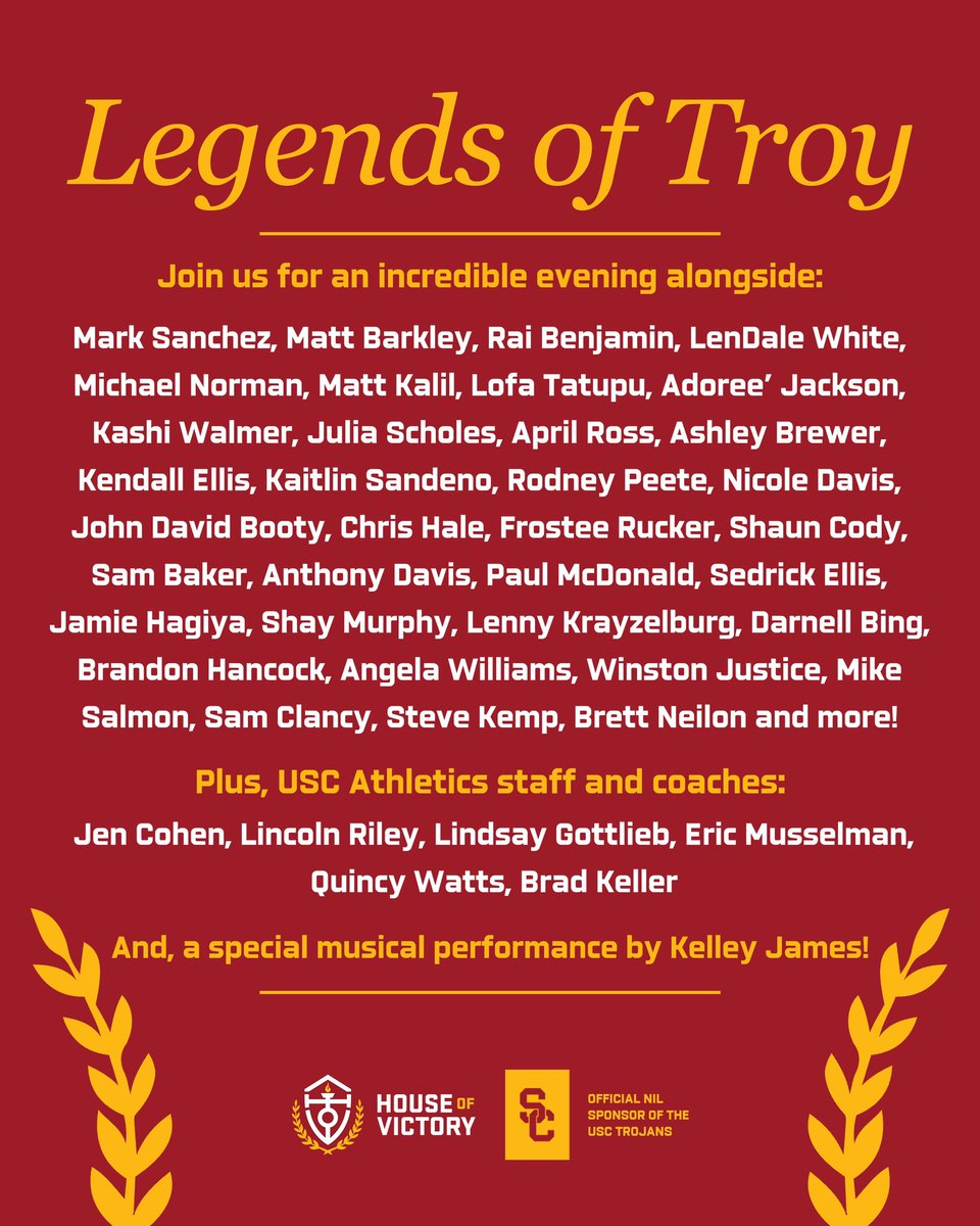 🚨 LAST CHANCE 🚨 Limited tickets remain for Legends of Troy: an incredible event celebrating USC’s storied history and building towards our future featuring AD Jen Cohen, several @USC_Athletics coaches and amazing legends✌️ Get your tickets now: houseofvictory.com/legends