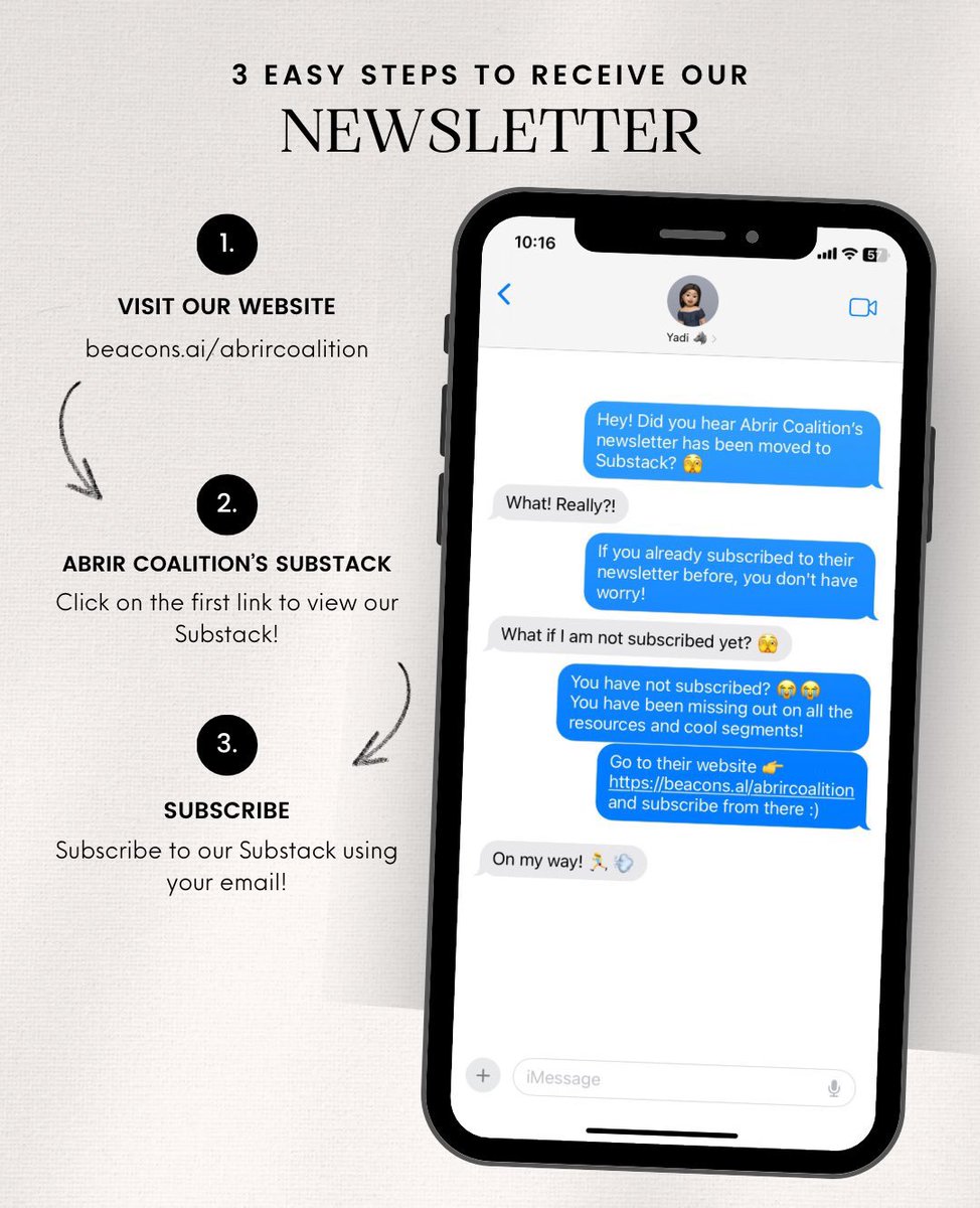 To our new followers! We have our newsletter in the works ✨ If you're an existing subscriber, keep an eye on your inbox for its arrival! If you are new and want to subscribe, follow the steps below ⬇️ beacons.ai/abrircoalition