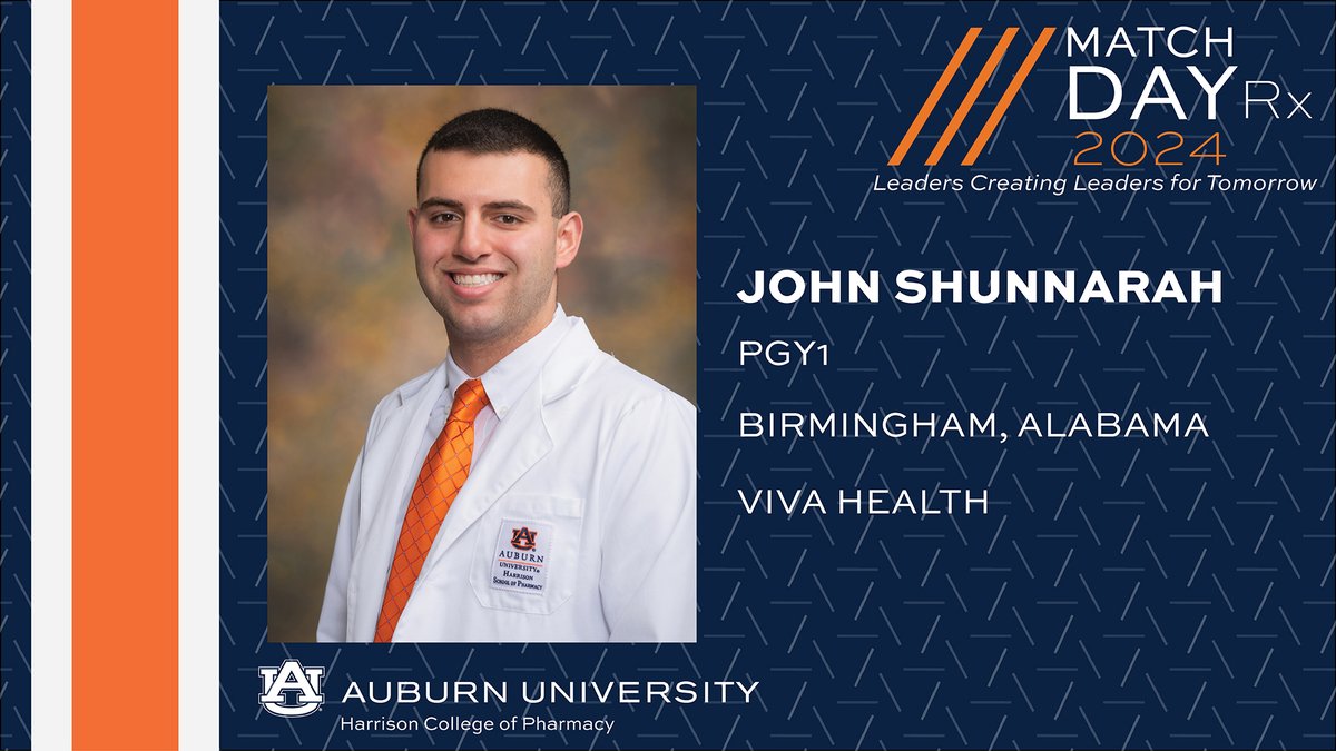 auhcop's tweet photo. Congratulations to John Shunnarah on accepting a PGY-1 residency with Viva Health in Birmingham, Alabama!

#WarEagle | #AUPharmD | #RxMatch | #CaringForAlabama https://t.co/YXs7avYIZb
