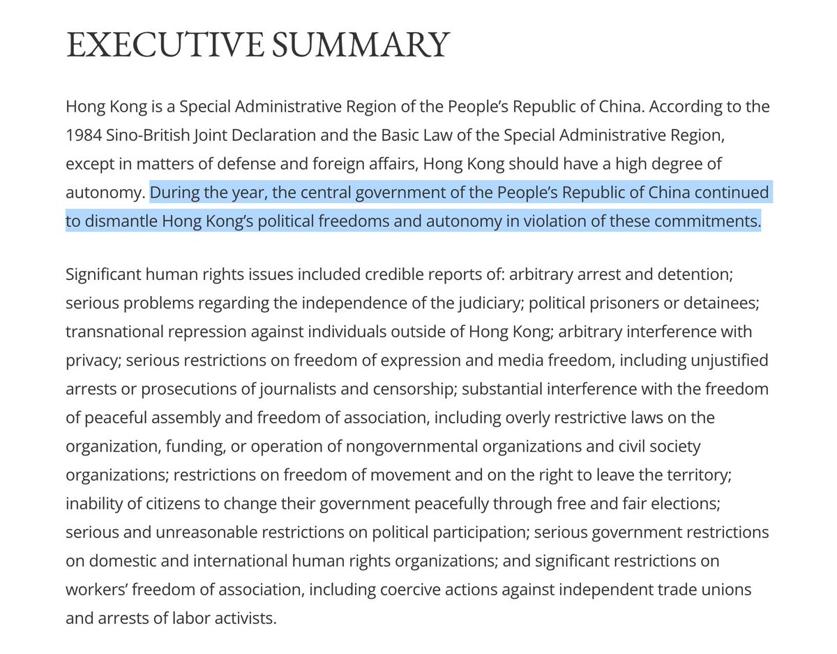 Today @StateDept released its annual #HumanRights country reports, including on #HongKong: in summary, the CCP 'continued to dismantle HK's political freedoms & autonomy.' What follows is a long litany of abuses that accurately depicts HK's sorry state. state.gov/reports/2023-c…