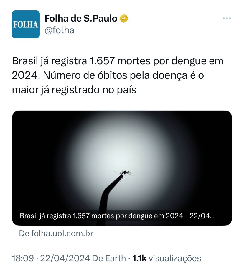 Explodiu 🦟💥 Mais um recorde desse Desgoverno… Ninguém fala nada, ninguém tá fazendo textão cobrando ações do governo ou vacina o assunto do momento é Bolsonaro e Elon Musk.