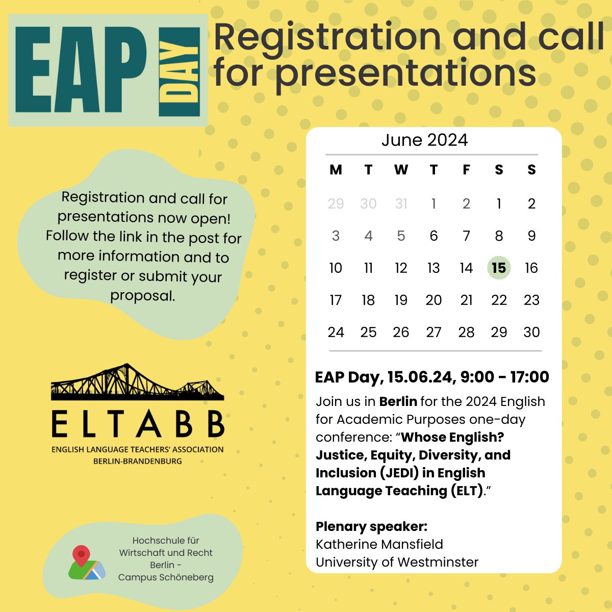 🔊call for papers 📝 deadline 28th April

Register on the link below📲forms.office.com/e/ZhqLfmLJbY
“Whose English? Justice, Equity, Diversity, and Inclusion ( JEDI) in English Language Teaching ( ELT)”
