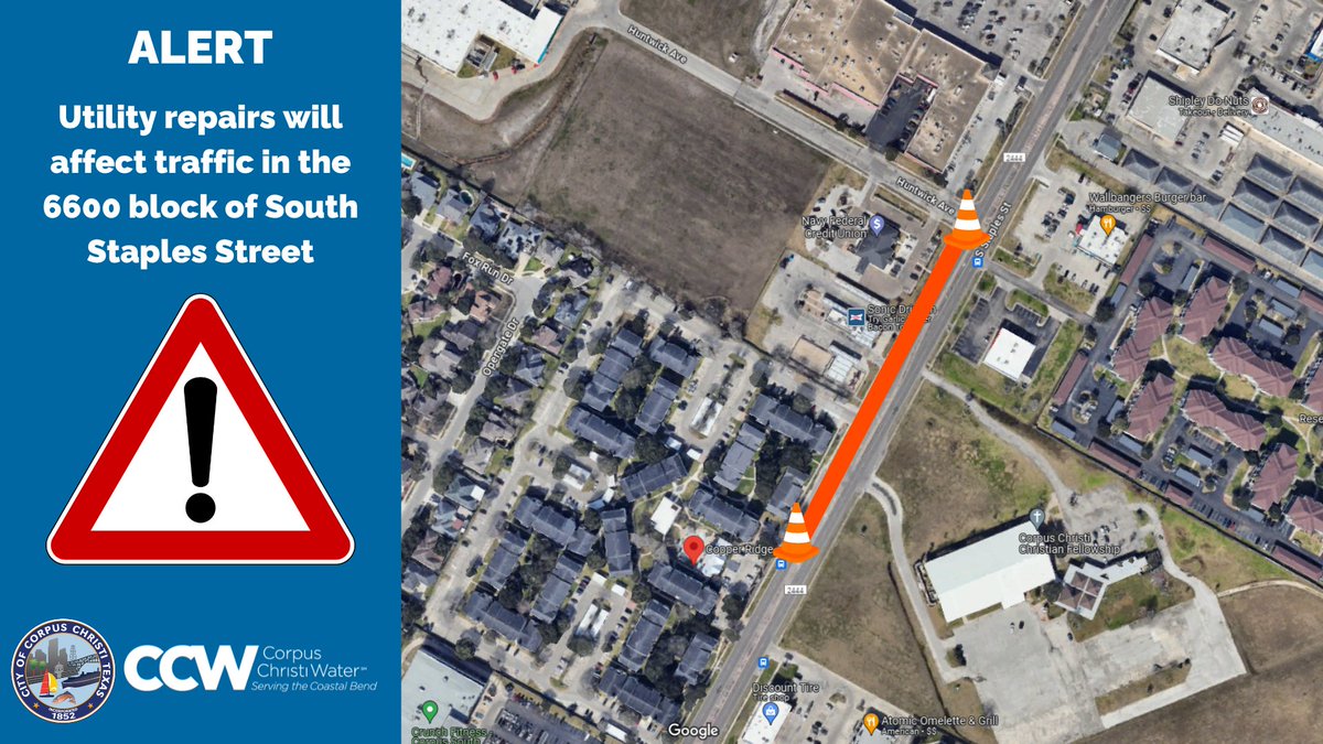 TRAFFIC ALERT: Utility repairs in the 6600 block of South Staples between Timbergate Drive and Copper Ridge Apartments to Huntwick Avenue require the southbound outside lane to be closed. Work is expected to last a week. Drivers should slow down and allow additional travel time.