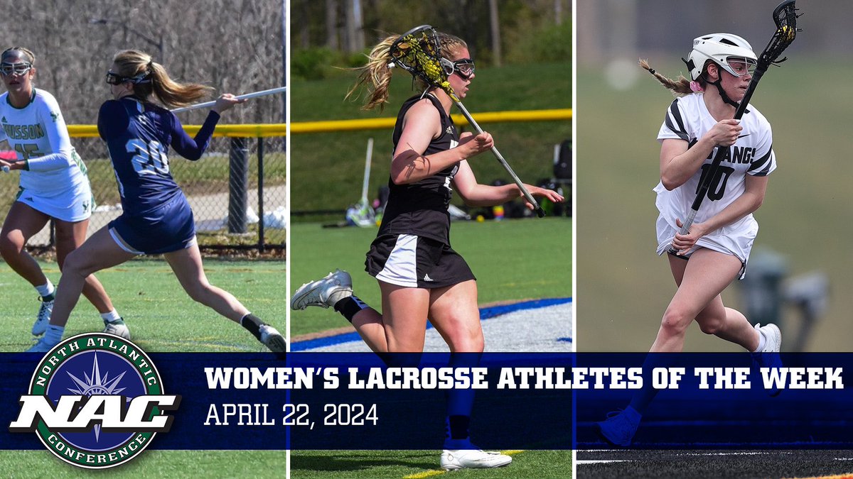 NAC Women’s Lacrosse 🥍 | Athletes of the Week – April 22, 2024 Player of the Week – Samantha Dayter, SUNY Canton Defensive Player of the Week – Devyn Veits, Husson Rookie of the Week – Anyssia Ingersoll, SUNY Morrisville  #NACwlax