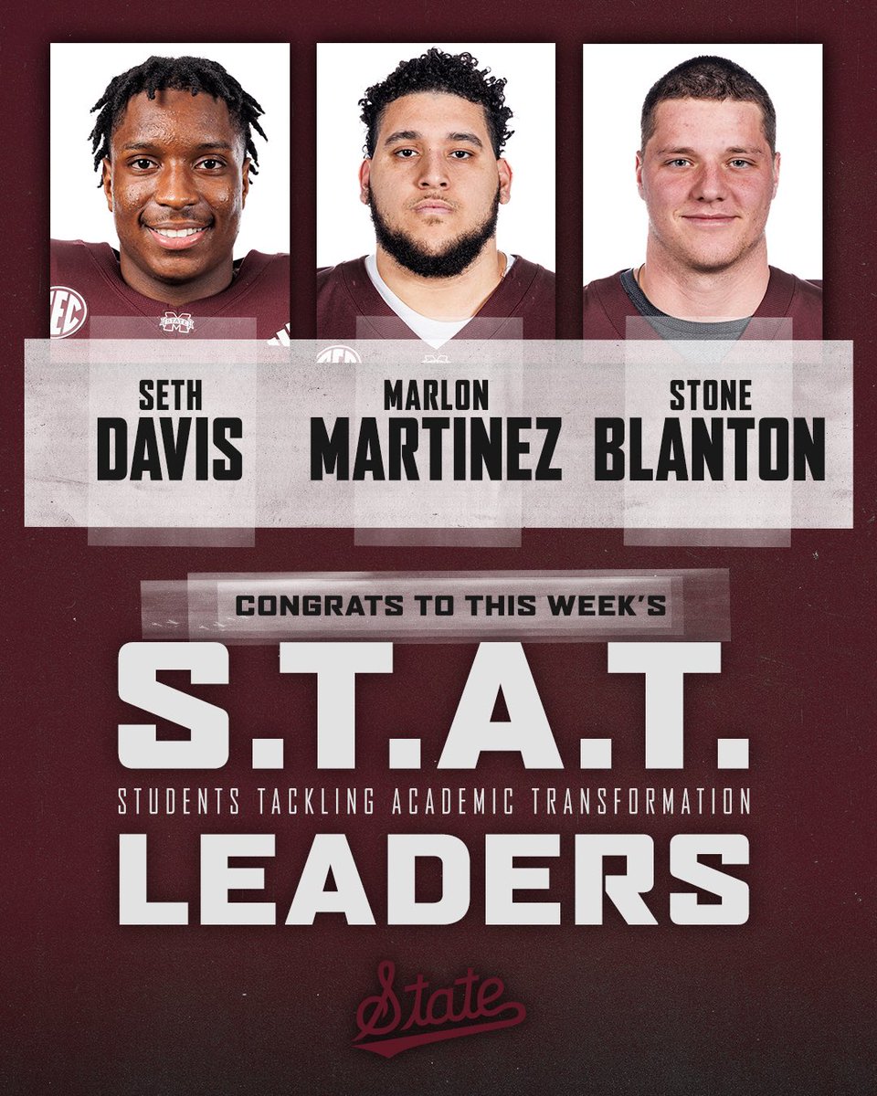 Congrats to this week’s <a href="/HailStateStudy/">MSU Athletic Academics</a> S.T.A.T. Leaders!

<a href="/_SethDavis21/">Seth Davis</a> 
<a href="/Marl0n77/">Marlon Martinez</a>
<a href="/Stoneblanton7/">Stone Blanton</a> 

#HailState