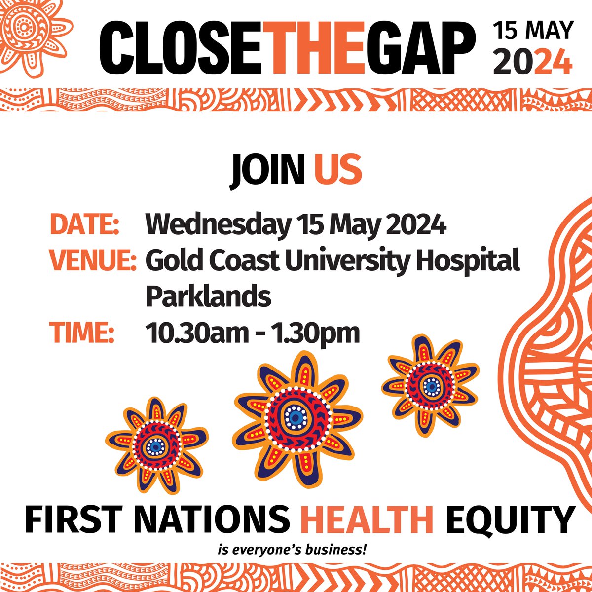 NEW DATE ALERT: Close the Gap Day is back on track! 

Join us on Wednesday, May 15th, at the Gold Coast University Hospital Parklands from 10:30AM to 1:30PM.

Register now 📷 bit.ly/3VCEapR
#HealthEquity #CloseTheGap #HealthEquity #CommunityEngagement #GoldCoastHealth