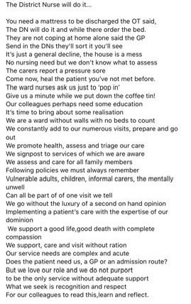 Thank you for all that joined me today.

Hopefully it gave you insight to the complex challenges we as community nurses can experience.

I’m 1 year qualified; albeit being in the district nursing team 7 years prior as a HCA. 

Good night all! 
-<a href="/SarahHolmesNE/">Sarah Holmes</a> 

(Not my poem)