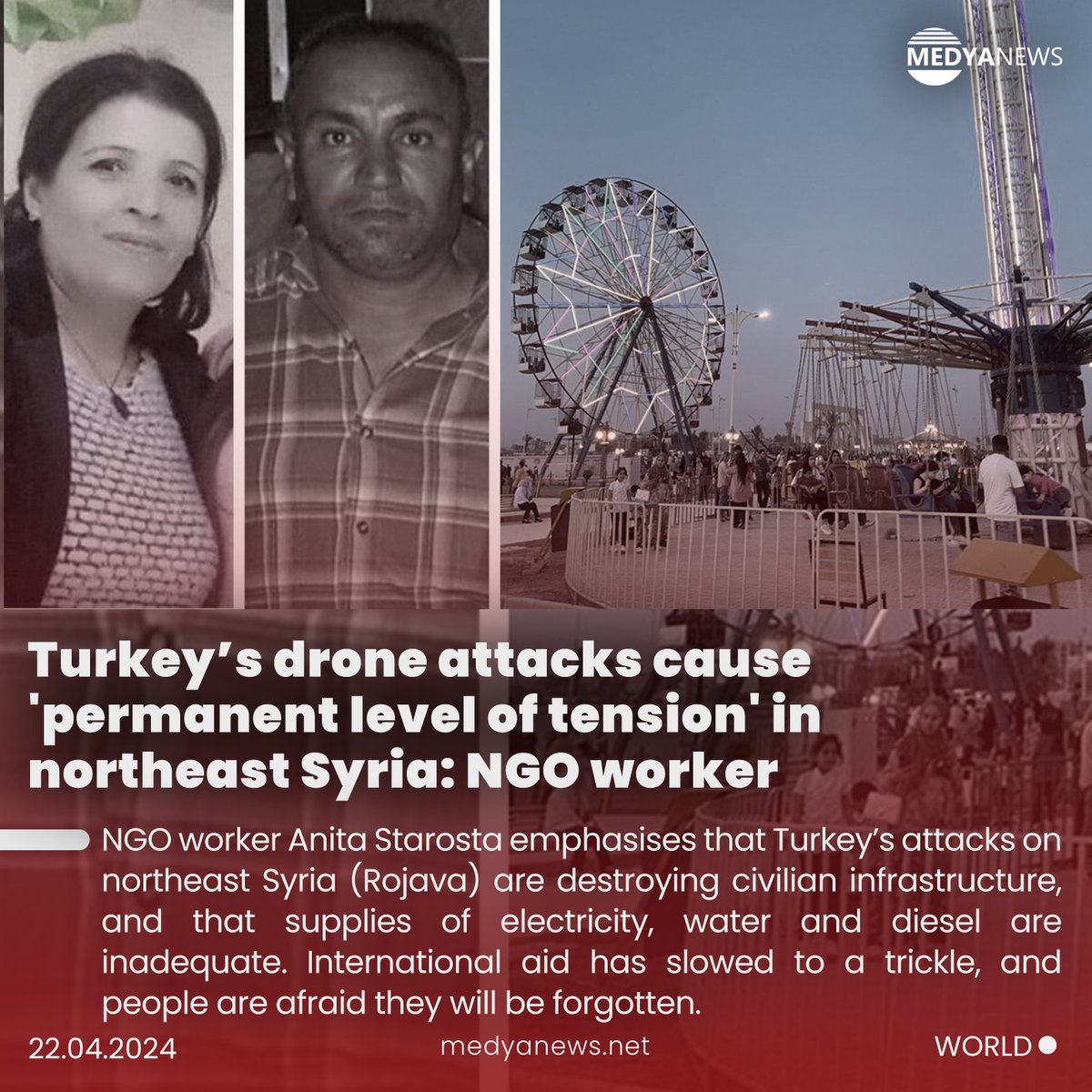 NGO worker Anita Starosta (@StarostaAnita) that #Turkey’s attacks on northeast #Syria (#Rojava) are destroying civilian infrastructure, and that supplies of electricity, water and diesel are inadequate. (buff.ly/3Ua5x8f)