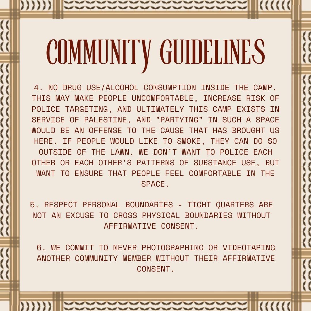 ColumbiaSJP's tweet photo. our community guidelines for the Gaza Solidarity Encampment!! ❤️‍🔥 please read before participating or engaging with our encampment. we keep us safe. #cu4palestine https://t.co/x9vD3U2qix