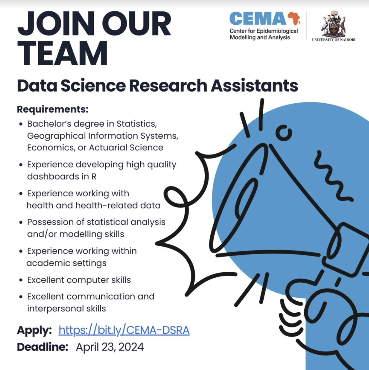 Karibu CEMA-Africa! We are looking for a statistician/Data Scientist to join our team. Apply: bit.ly/CEMA-DSRA Deadline: Tuesday 23, APRIL, 2024.