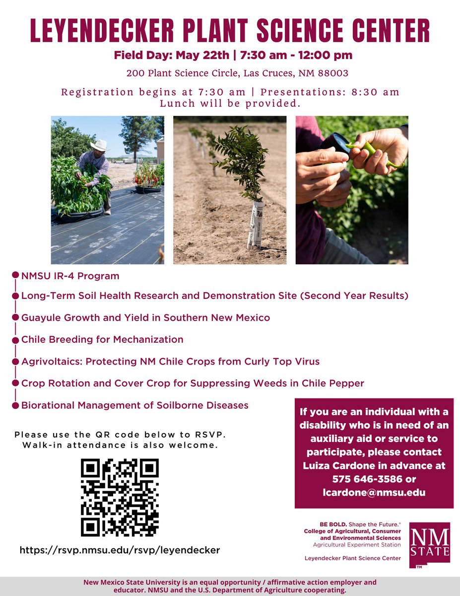 Join us on May 22nd at the Leyendecker Plant Science Center for its Annual Field Day. RSVP with the QR code below for a chance to win a raffle prize! Lunch will be provided after field presentations. See you all there! #aes #agciencecenter #fieldday #goaggies #nmsu