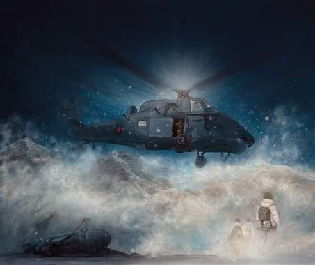 Finally Lieutenant Commander Ian Stanley, piloting 'Humphrey' the Wessex of HMS Antrim, manages though massively overloaded and battered by the gales, to pick the SAS men up and take them to safety with no casualties, as shown in this wonderful painting by artist Dan Hedger.