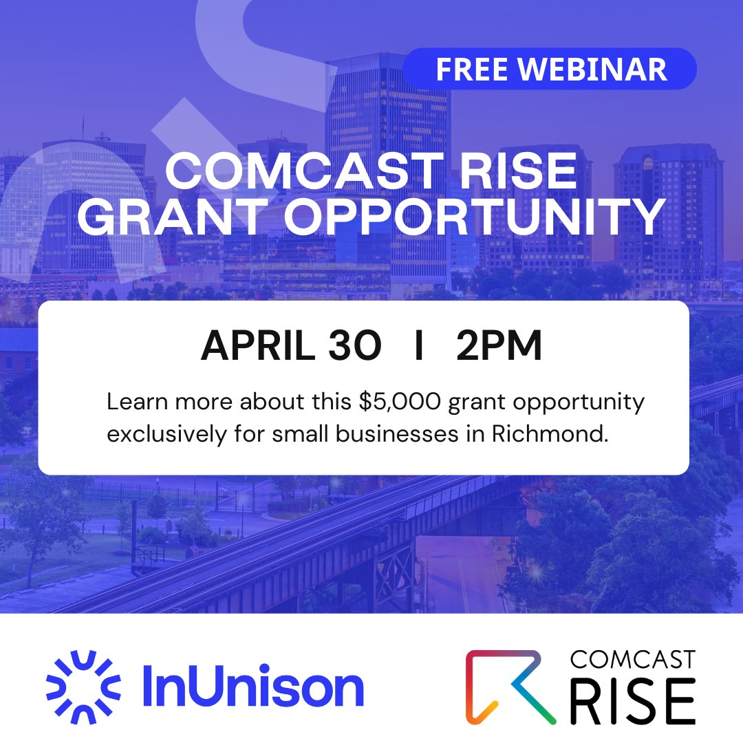 Learn more about Comcast RISE, a $5,000 grant opportunity exclusively for small businesses in Richmond at our free webinar open to ALL Richmond area small businesses. 

Register here 👉 community.inunison.org/events/webinar…

#inunison #rvabusiness #rva #smallbusiness #localbusiness