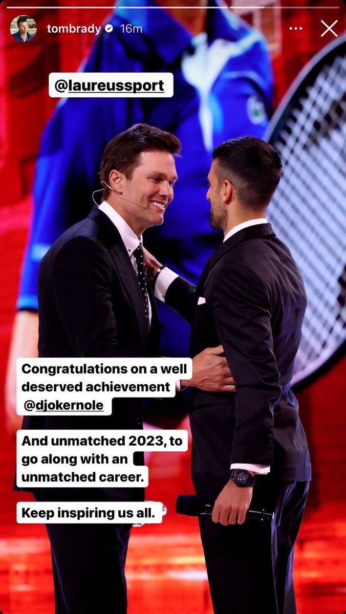 Tom Brady with a message for Novak Djoković on IG - “Congratulations on a well deserved achievement @DjokerNole. An unmatched 2023, to go along with unmatched character. Keep inspiring us all.” 🫡 When the greatest NFL player ever meets the greatest tennis player ever.