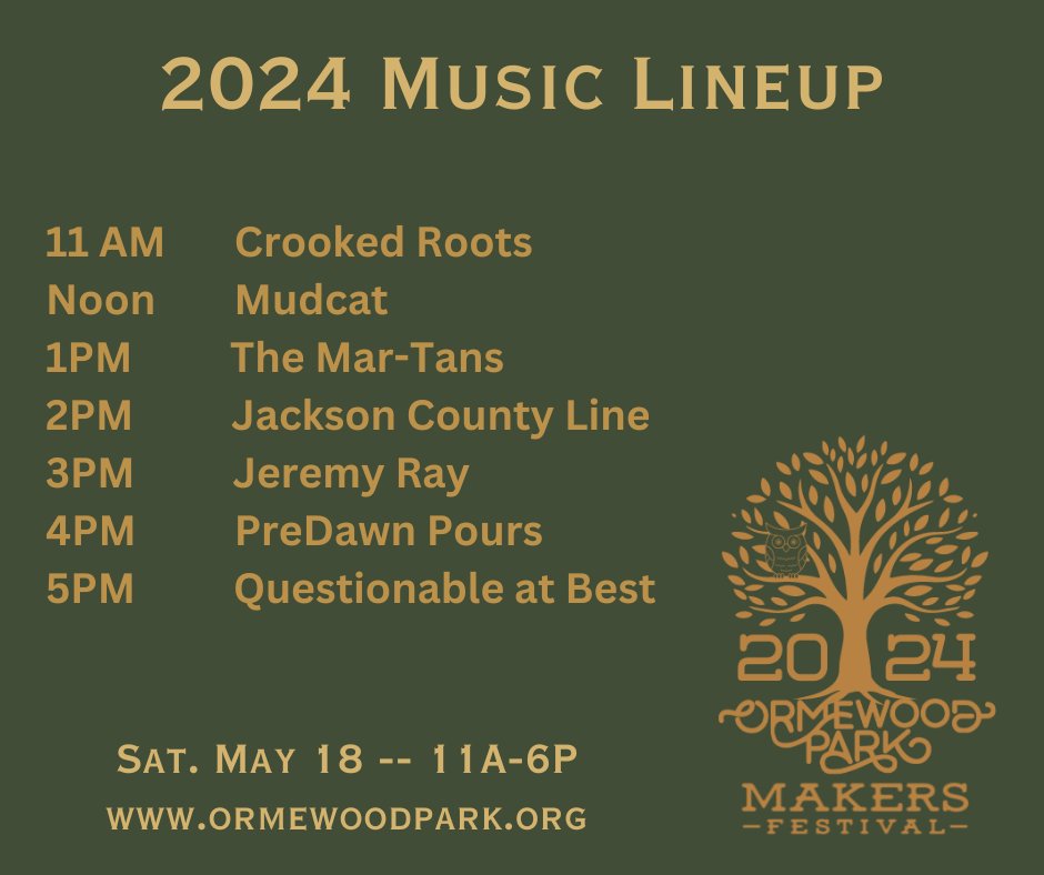 Ormewood's tweet photo. We're excited to release the music lineup for this year's Maker's Festival! 

Join us on May 18th along with  #QuestionableAtBest #PredawnPours #JeremyRayArtAndMusic #JacksonCountyLine #Mudcat  #CrookedRootsATL and #themar-tans . Can't wait for the 18th!! https://t.co/p4QWj2u42U
