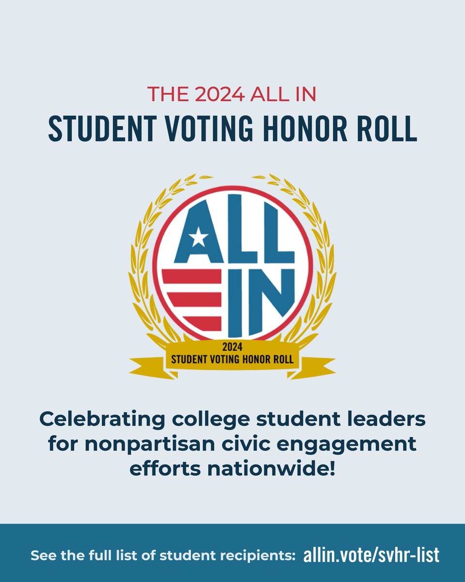 📷Congratulations, Gabriela Barrientos, for being recognized on @allintovote’s Student Voting Honor Roll! ✨ Thank you for your hard work and commitment to nonpartisan democratic engagement at @KansasCityKSCC . #AllInAwards #AllInToVote 🏆